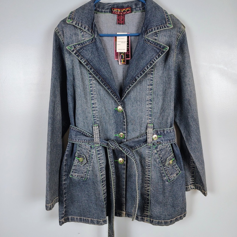NWT Vezucci Womens S Denim Trench Jacket Blue Ramie Blend Y2K Gorpcore Utility